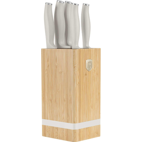 Product image of 6pcs knife set with BAMBOO stand. Part of the Sahara Collection . Features: • Material: stainless steel • Chef knife 20 cm • Bread knife 20 cm • Santoku knife 17,5 cm • Utility knife 12,5 cm • Paring knife 9 cm • BAMBOO sta.... (Studio view). Official Berlinger Haus product, boosted by Promintra sl.