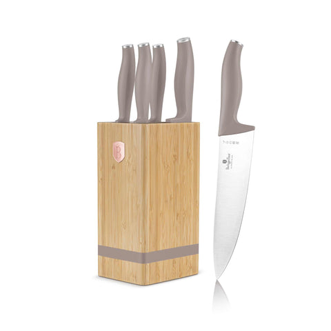 BH/2974, Conjunto de 6 Facas com Suporte de Bambu, Taupe Fosco, Conjunto de 6 Facas com Suporte de Bambu, Conjunto de Facas, Facas, Faca, Suporte, Bambu