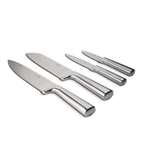 Product image of 4pcs knife set. Part of the Black Vantage Collection/Matte Black Collection/Black Silver Collection/Eternal Collection/Anthracite Collection . Features: • Material: stainless steel with satin and mirror polish handle • Chef knife 20 cm • Santoku knife 17,5 cm • Utility knife 12,5 cm • Paring knife 9.... (Studio view). Official Berlinger Haus product, boosted by Promintra sl.