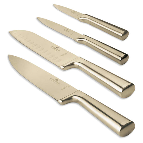 Product image of 4pcs knife set. Part of the Sahara Collection/Leonardo Collection . Features: • Material: stainless steel with satin and mirror polish handle • Chef knife 20 cm • Santoku knife 17,5 cm • Utility knife 12,5 cm • Paring knife 9.... (Studio view). Official Berlinger Haus product, boosted by Promintra sl.