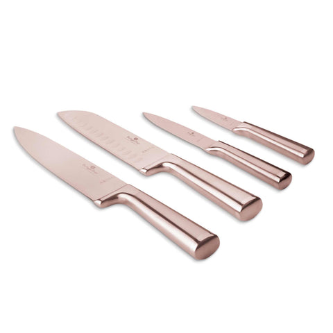 Product image of 4pcs knife set. Part of the Taupe Collection/Black Rose Collection . Features: • Material: stainless steel with satin and mirror polish handle • Chef knife 20 cm • Santoku knife 17,5 cm • Utility knife 12,5 cm • Paring knife 9.... (Studio view). Official Berlinger Haus product, boosted by Promintra sl.