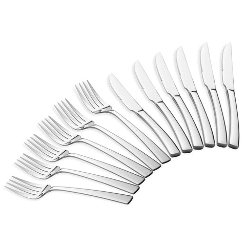 Product image of 12pcs cutlery set with steak knife. Part of the Cutlery sets . Features: • Material: stainless steel, MIRROR finish • Include: • 6 pcs table fork 3,5 mm • 6 pcs STEAK knife 7 mm. (Studio view). Official Berlinger Haus product, boosted by Promintra sl.