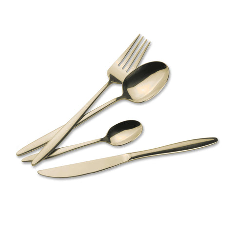 Product image of 24pcs cutlery set with GOLD PVD COATING mirror POLISH. Part of the Cutlery sets . Features: • Material: stainless steel with full MIRROR finish • Include: • Table knife 6 pcs 7,0 mm • Table fork 6 pcs 4,0 mm • Table spoon 6 pcs 4,0 mm • Te.... (Studio view). Official Berlinger Haus product, boosted by Promintra sl.