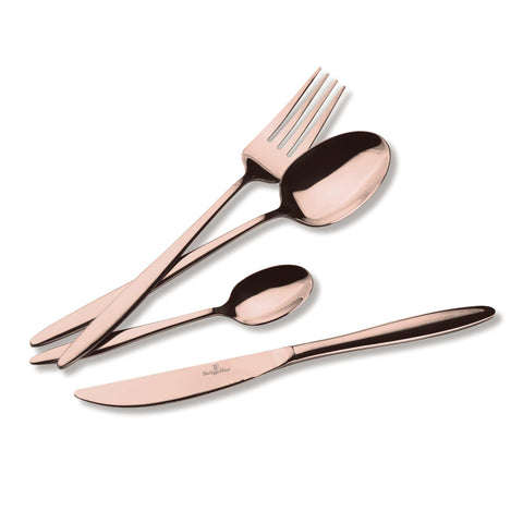 Product image of 24pcs cutlery set with ROSE GOLD PVD COATING mirror POLISH. Part of the Cutlery sets . Features: • Material: stainless steel with full MIRROR finish • Include: • Table knife 6 pcs 7,0 mm • Table fork 6 pcs 4,0 mm • Table spoon 6 pcs 4,0 mm • Te.... (Studio view). Official Berlinger Haus product, boosted by Promintra sl.