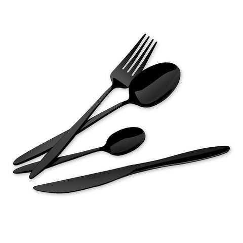 Product image of 24pcs cutlery set with BLACK PVD coating mirror POLISH. Part of the Cutlery sets . Features: • Material: stainless steel with full MIRROR finish • Include: • Table knife 6 pcs 7,0 mm • Table fork 6 pcs 4,0 mm • Table spoon 6 pcs 4,0 mm • Te.... (Studio view). Official Berlinger Haus product, boosted by Promintra sl.