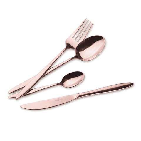 Product image of 24pcs cutlery set with ROSE GOLD PVD COATING mirror POLISH. Part of the Cutlery sets . Features: • Material: stainless steel with full MIRROR finish • Include: • Table knife 6 pcs 7,0 mm • Table fork 6 pcs 4,0 mm • Table spoon 6 pcs 4,0 mm • Te.... (Studio view). Official Berlinger Haus product, boosted by Promintra sl.