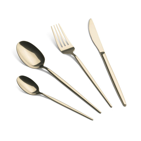Product image of 24pcs cutlery set with GOLD PVD COATING mirror POLISH. Part of the Cutlery sets . Features: • Material: stainless steel with full MIRROR finish • Include: • Table knife 6 pcs 7,0 mm • Table fork 6 pcs 4,0 mm • Table spoon 6 pcs 4,0 mm • Te.... (Studio view). Official Berlinger Haus product, boosted by Promintra sl.