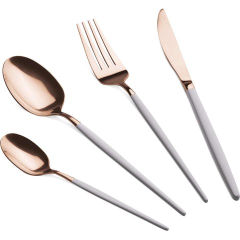 Product image of 24pcs cutlery set with ROSE GOLD PVD COATING mirror POLISH. Part of the Cutlery sets . Features: • Material: stainless steel with champagne PVD coating, matt handle • Include: • Table knife 6 pcs 7,0 mm • Table fork 6 pcs 4,0 mm • Table spoon 6.... (Studio view). Official Berlinger Haus product, boosted by Promintra sl.