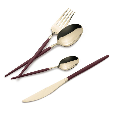 Product image of 24pcs cutlery set with GOLD PVD COATING mirror POLISH. Part of the Cutlery sets . Features: • Material: stainless steel with champagne PVD coating, matt handle • Include: • Table knife 6 pcs 7,0 mm • Table fork 6 pcs 4,0 mm • Table spoon 6.... (Studio view). Official Berlinger Haus product, boosted by Promintra sl.