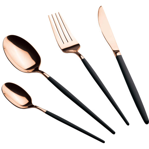 BH/3073, cubiertos, cutlery, Cutlery Set, Cutlery sets, espejo, juego de cubiertos, juego de cubiertos de 24 piezas, juego de cubiertos de 24 piezas con recubrimiento PVD de oro rosa pulido espejo, negro, oro rosa, Tableware