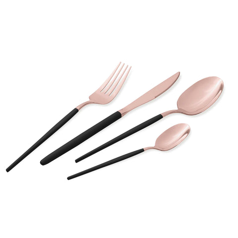 Product image of 24pcs cutlery set with ROSE GOLD PVD COATING mirror POLISH. Part of the Cutlery sets . Features: • Material: stainless steel with rose gold PVD coating, matt black handle • Include: • Table knife 6 pcs 7,0 mm • Table fork 6 pcs 4,0 mm • Table s.... (Studio view). Official Berlinger Haus product, boosted by Promintra sl.