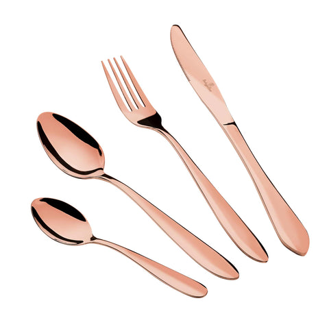 Product image of 24pcs cutlery set with ROSE GOLD PVD COATING mirror POLISH. Part of the Cutlery sets . Features: • Material: stainless steel with FULL MIRROR finish • Include: • Table knife 6 pcs 5,0 mm • Table fork 6 pcs 3,0 mm • Table spoon 6 pcs 3,0 mm • Te.... (Studio view). Official Berlinger Haus product, boosted by Promintra sl.