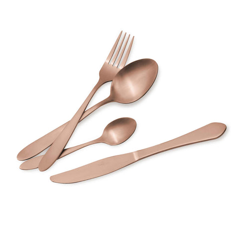 Product image of 24pcs cutlery set with ROSE GOLD PVD COATING satin POLISH. Part of the Cutlery sets . Features: • Material: stainless steel with full SATIN finish • Include: • Table knife 6 pcs 5,0 mm • Table fork 6 pcs 3,0 mm • Table spoon 6 pcs 3,0 mm • Tea.... (Studio view). Official Berlinger Haus product, boosted by Promintra sl.