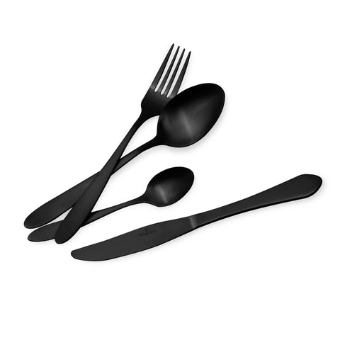Product image of 24pcs cutlery set with BLACK PVD coating mirror POLISH. Part of the Cutlery sets . Features: • Material: stainless steel with MIRROR finish • Include: • Table knife 6 pcs 5,0 mm • Table fork 6 pcs 3,0 mm • Table spoon 6 pcs 3,0 mm • Tea spo.... (Studio view). Official Berlinger Haus product, boosted by Promintra sl.