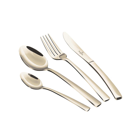 Product image of 24pcs cutlery set with GOLD PVD COATING mirror POLISH. Part of the Cutlery sets . Features: • Material: stainless steel with full MIRROR finish • Include: • Table knife 6 pcs 7,0 mm • Table fork 6 pcs 3,5 mm • Table spoon 6 pcs 3,5 mm • Te.... (Studio view). Official Berlinger Haus product, boosted by Promintra sl.