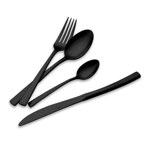 Product image of 24pcs cutlery set with BLACK PVD coating mirror POLISH. Part of the Cutlery sets . Features: • Material: stainless steel with MIRROR finish • Include: • Table knife 6 pcs 7,0 mm • Table fork 6 pcs 3,5 mm • Table spoon 6 pcs 3,5 mm • Tea spo.... (Studio view). Official Berlinger Haus product, boosted by Promintra sl.