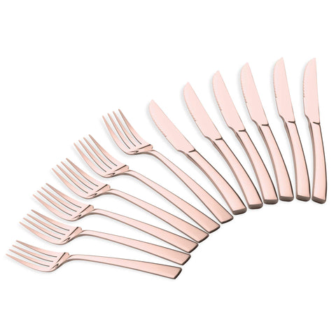 Product image of 12pcs cutlery set with steak knife. Part of the Cutlery sets . Features: • Material: stainless steel, MIRROR finish • Include: • 6 pcs table fork 3,5 mm • 6 pcs STEAK knife 7 mm • Color: rose gold. (Studio view). Official Berlinger Haus product, boosted by Promintra sl.