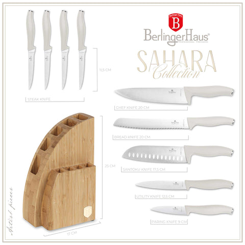 Imatge del producte d'un joc de ganivets de 10 peces amb estand BAMBOO. Part de la col·lecció Sahara. Característiques: • Material: acer inoxidable • Ganivet Xef 20 cm • Ganivet de pa 20 cm • Ganivet Santoku 17,5 cm • Ganivet multiusos 12,5 cm • Ganivet de pelar 9 cm • Ganivet de carn... (Vista d'estudi). Producte oficial Berlinger, impulsat per Promintra sl.