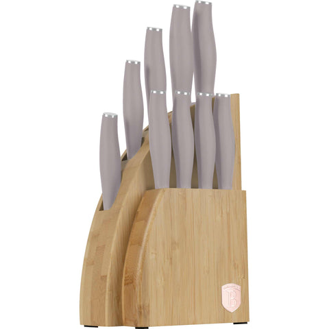 Product image of 10pcs knife set with BAMBOO stand. Part of the Taupe Collection . Features: • Material: stainless steel • Chef knife 20 cm • Bread knife 20 cm • Santoku knife 17,5 cm • Utility knife 12,5 cm • Paring knife 9 cm • Steak knif.... (Studio view). Official Berlinger Haus product, boosted by Promintra sl.