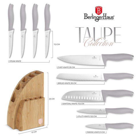 Imatge del producte d'un joc de ganivets de 10 peces amb estand BAMBOO. Part de la col·lecció Taupe. Característiques: • Material: acer inoxidable • Ganivet Xef 20 cm • Ganivet de pa 20 cm • Ganivet Santoku 17,5 cm • Ganivet multiusos 12,5 cm • Ganivet de pelar 9 cm • Ganivet de carn... (Vista d'estudi). Producte oficial de Berlinger, impulsat per Promintra sl.