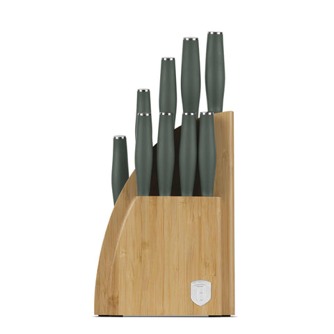 Product image of 10pcs knife set with BAMBOO stand. Part of the Matte Green Collection . Features: • Material: stainless steel • Chef knife 20 cm • Bread knife 20 cm • Santoku knife 17,5 cm • Utility knife 12,5 cm • Paring knife 9 cm • Steak knif.... (Studio view). Official Berlinger Haus product, boosted by Promintra sl.