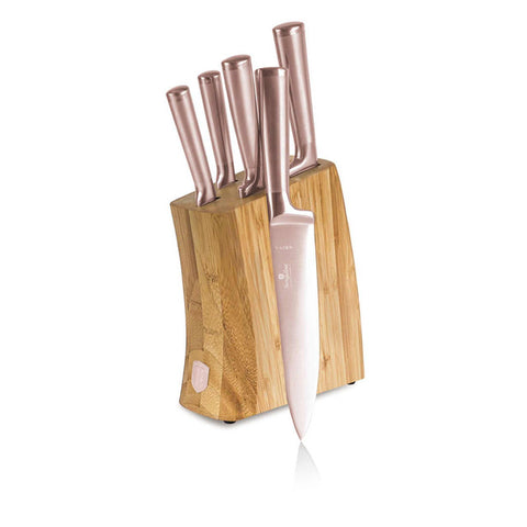 Product image of 6pcs knife set with BAMBOO stand. Part of the Taupe Collection/Black Rose Collection . Features: • Material: stainless steel with satin and mirror polish handle • Chef knife 20 cm • Bread knife 20 cm • Santoku knife 17,5 cm • Utility knife 12,5.... (Studio view). Official Berlinger Haus product, boosted by Promintra sl.