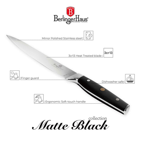 Product image of Slicer knife 20cm. Part of the Black Vantage Collection/Matte Black Collection/Black Silver Collection . Features: • Material: stainless steel • Size: 20 cm • Color: black- silver. (Studio view). Official Berlinger Haus product, boosted by Promintra sl.
