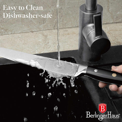 Product image of Slicer knife 20cm. Part of the Black Vantage Collection/Matte Black Collection/Black Silver Collection . Features: • Material: stainless steel • Size: 20 cm • Color: black- silver. (Studio view). Official Berlinger Haus product, boosted by Promintra sl.