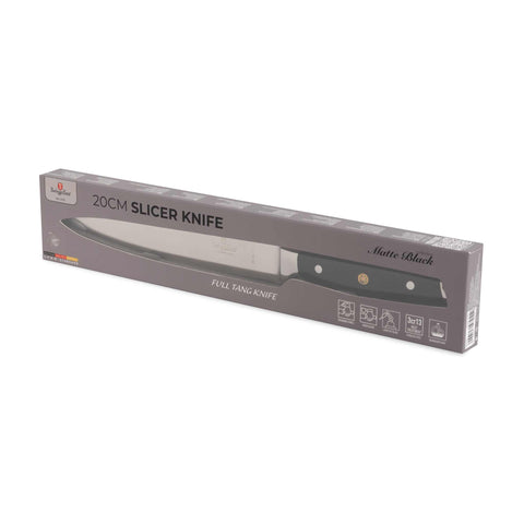 Product image of Slicer knife 20cm. Part of the Black Vantage Collection/Matte Black Collection/Black Silver Collection . Features: • Material: stainless steel • Size: 20 cm • Color: black- silver. (Studio view). Official Berlinger Haus product, boosted by Promintra sl.