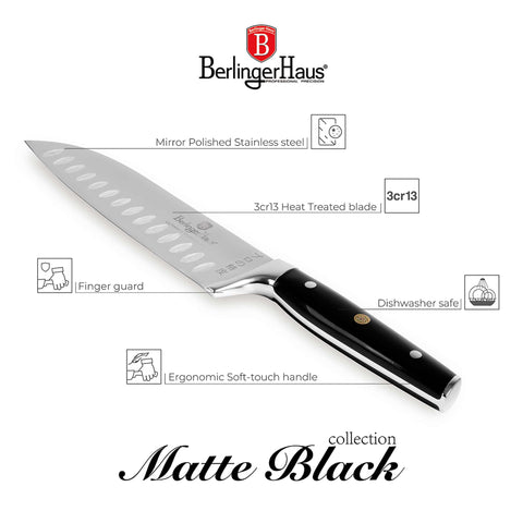 Imatge del producte del ganivet Santoku de 17,5 cm. Forma part de la col·lecció Black Vantage/Matte Black/Black Silver. Característiques: • Material: acer inoxidable • Mida: 17,5 cm • Color: negre-platejat. (Vista d'estudi). Producte oficial de Berlinger, impulsat per Promintra sl.