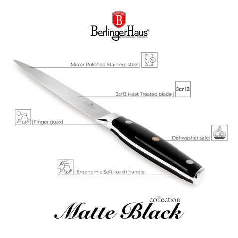 Product image of Utility knife 12,5cm. Part of the Black Vantage Collection/Matte Black Collection/Black Silver Collection . Features: • Material: stainless steel • Size: 12,5 cm • Color: black- silver. (Studio view). Official Berlinger Haus product, boosted by Promintra sl.