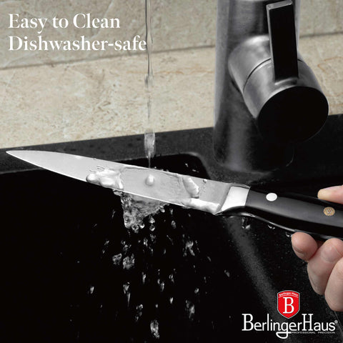 Product image of Utility knife 12,5cm. Part of the Black Vantage Collection/Matte Black Collection/Black Silver Collection . Features: • Material: stainless steel • Size: 12,5 cm • Color: black- silver. (Studio view). Official Berlinger Haus product, boosted by Promintra sl.