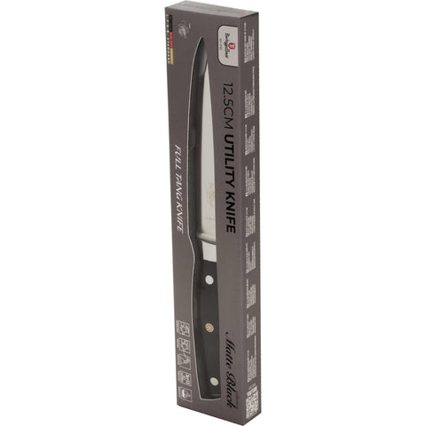 Product image of Utility knife 12,5cm. Part of the Black Vantage Collection/Matte Black Collection/Black Silver Collection . Features: • Material: stainless steel • Size: 12,5 cm • Color: black- silver. (Studio view). Official Berlinger Haus product, boosted by Promintra sl.