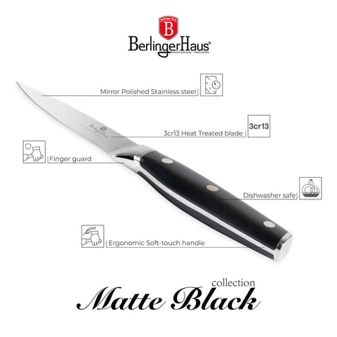 Product image of Paring knife 9cm. Part of the Black Vantage Collection/Matte Black Collection/Black Silver Collection . Features: • Material: stainless steel • Size: 9 cm • Color: black- silver. (Studio view). Official Berlinger Haus product, boosted by Promintra sl.