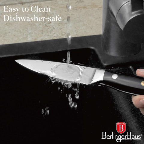Product image of Paring knife 9cm. Part of the Black Vantage Collection/Matte Black Collection/Black Silver Collection . Features: • Material: stainless steel • Size: 9 cm • Color: black- silver. (Studio view). Official Berlinger Haus product, boosted by Promintra sl.