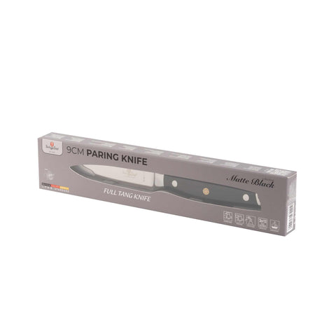 Product image of Paring knife 9cm. Part of the Black Vantage Collection/Matte Black Collection/Black Silver Collection . Features: • Material: stainless steel • Size: 9 cm • Color: black- silver. (Studio view). Official Berlinger Haus product, boosted by Promintra sl.