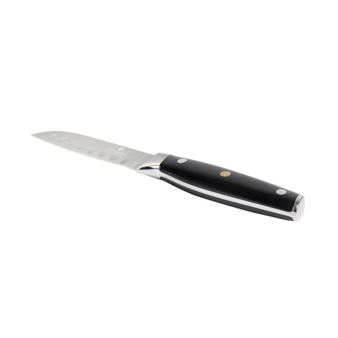 Imagem do produto: Faca Santoku de 9 cm. Parte da Coleção Black Vantage/Coleção Matte Black/Coleção Black Silver. Características: • Material: aço inoxidável • Tamanho: 9 cm • Cor: preto e prata. (Imagem de estúdio). Produto oficial Berlinger Haus, com o apoio da Promintra sl.