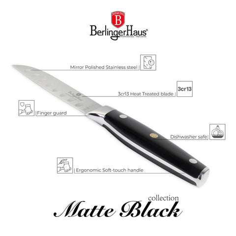 Product image of Santoku knife 9cm. Part of the Black Vantage Collection/Matte Black Collection/Black Silver Collection . Features: • Material: stainless steel • Size: 9 cm • Color: black- silver. (Studio view). Official Berlinger Haus product, boosted by Promintra sl.