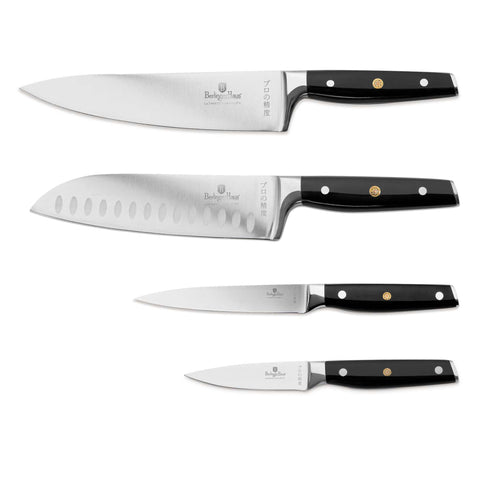 Product image of 4pcs knife set. Part of the Black Vantage Collection/Matte Black Collection/Black Silver Collection . Features: • Material: stainless steel • Chef knife 20 cm • Santoku knife 17,5 cm • Utility knife 12,5 cm • Paring knife 9 cm • Color: black- silver. (Studio view). Official Berlinger Haus product, boosted by Promintra sl.