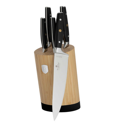 Product image of 6pcs knife set with BAMBOO stand. Part of the Black Vantage Collection/Matte Black Collection/Black Silver Collection . Features: • Material: stainless steel • Chef knife 20 cm • Bread knife 20 cm • Santoku knife 17,5 cm • Utility knife 12,5 cm • Paring knife 9 cm • BAMBOO sta.... (Studio view). Official Berlinger Haus product, boosted by Promintra sl.