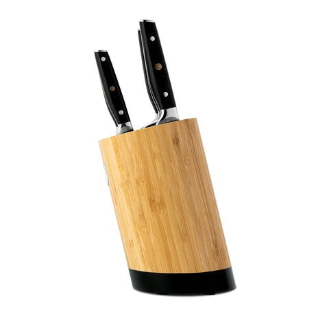 Product image of 6pcs knife set with BAMBOO stand. Part of the Black Vantage Collection/Matte Black Collection/Black Silver Collection . Features: • Material: stainless steel • Chef knife 20 cm • Bread knife 20 cm • Santoku knife 17,5 cm • Utility knife 12,5 cm • Paring knife 9 cm • BAMBOO sta.... (Studio view). Official Berlinger Haus product, boosted by Promintra sl.