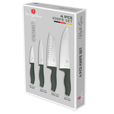 Product image of 4pcs knife set. Part of the Matte Green Collection . Features: • Material: stainless steel • Chef knife 20 cm • Santoku knife 17,5 cm • Utility knife 12,5 cm • Paring knife 9 cm • Color: matt green REGISTERED D.... (Giftbox view). Official Berlinger Haus product, boosted by Promintra sl.