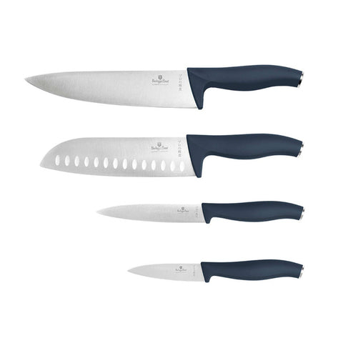 Product image of 4pcs knife set. Part of the Deep Sea Collection . Features: • Material: stainless steel • Chef knife 20 cm • Santoku knife 17,5 cm • Utility knife 12,5 cm • Paring knife 9 cm • Color: matt blue REGISTERED DE.... (Studio view). Official Berlinger Haus product, boosted by Promintra sl.