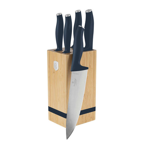 Product image of 6pcs knife set with BAMBOO stand. Part of the Deep Sea Collection . Features: • Material: stainless steel • Chef knife 20 cm • Bread knife 20 cm • Santoku knife 17,5 cm • Utility knife 12,5 cm • Paring knife 9 cm • BAMBOO sta.... (Studio view). Official Berlinger Haus product, boosted by Promintra sl.