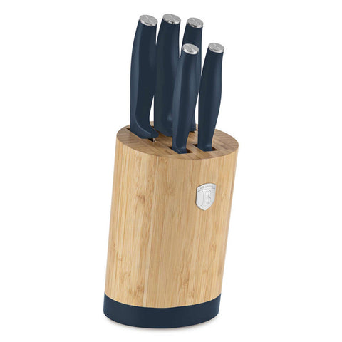 Product image of 6pcs knife set with BAMBOO stand. Part of the Deep Sea Collection . Features: • Material: stainless steel • Chef knife 20 cm • Bread knife 20 cm • Santoku knife 17,5 cm • Utility knife 12,5 cm • Paring knife 9 cm • BAMBOO sta.... (Studio view). Official Berlinger Haus product, boosted by Promintra sl.