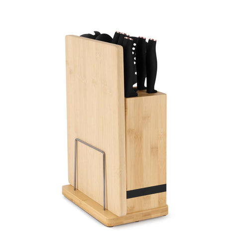 Product image of 12pcs knife and kitchen tool set with BAMBOO cutting board and stand. Part of the Black Rose Collection . Features: • Material: stainless steel, nylon, plastic • Chef knife 20 cm • Bread knife 20 cm • Santoku knife 17,5 cm • Utility knife 12,5 cm • Paring knife 9.... (Studio view). Official Berlinger Haus product, boosted by Promintra sl.