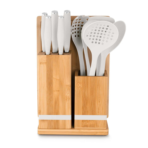 Product image of 12pcs knife and kitchen tool set with BAMBOO cutting board and stand. Part of the Sahara Collection . Features: • Material: stainless steel, nylon, plastic • Chef knife 20 cm • Bread knife 20 cm • Santoku knife 17,5 cm • Utility knife 12,5 cm • Paring knife 9.... (Studio view). Official Berlinger Haus product, boosted by Promintra sl.