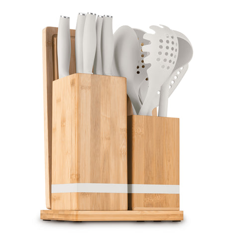 Product image of 12pcs knife and kitchen tool set with BAMBOO cutting board and stand. Part of the Sahara Collection . Features: • Material: stainless steel, nylon, plastic • Chef knife 20 cm • Bread knife 20 cm • Santoku knife 17,5 cm • Utility knife 12,5 cm • Paring knife 9.... (Studio view). Official Berlinger Haus product, boosted by Promintra sl.