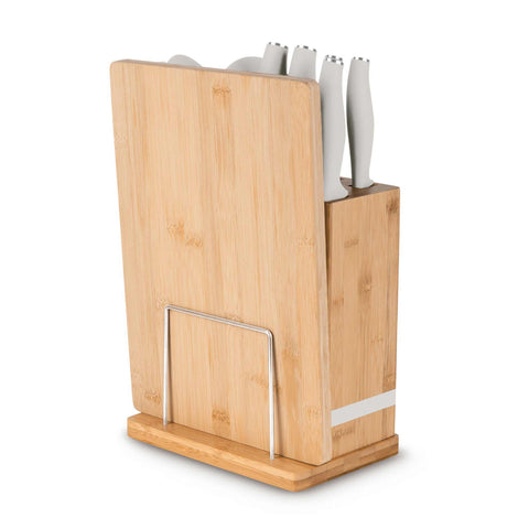 Product image of 12pcs knife and kitchen tool set with BAMBOO cutting board and stand. Part of the Sahara Collection . Features: • Material: stainless steel, nylon, plastic • Chef knife 20 cm • Bread knife 20 cm • Santoku knife 17,5 cm • Utility knife 12,5 cm • Paring knife 9.... (Studio view). Official Berlinger Haus product, boosted by Promintra sl.