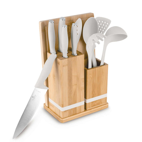 Product image of 12pcs knife and kitchen tool set with BAMBOO cutting board and stand. Part of the Sahara Collection . Features: • Material: stainless steel, nylon, plastic • Chef knife 20 cm • Bread knife 20 cm • Santoku knife 17,5 cm • Utility knife 12,5 cm • Paring knife 9.... (Studio view). Official Berlinger Haus product, boosted by Promintra sl.